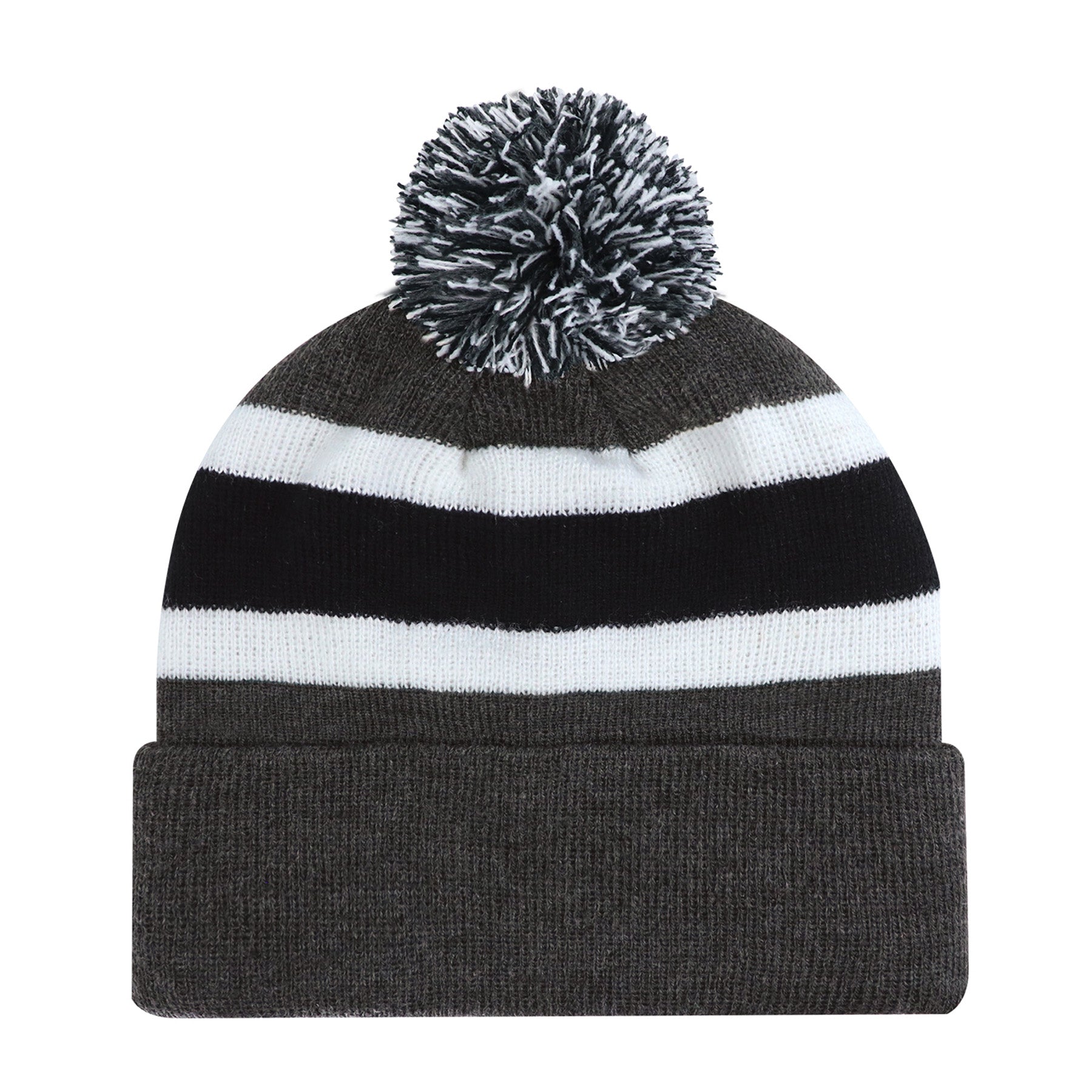 AJM Acrylic Stripe Pom Pom Cuff Toque in charcoal, black, and white with a matching knit pom-pom on top.