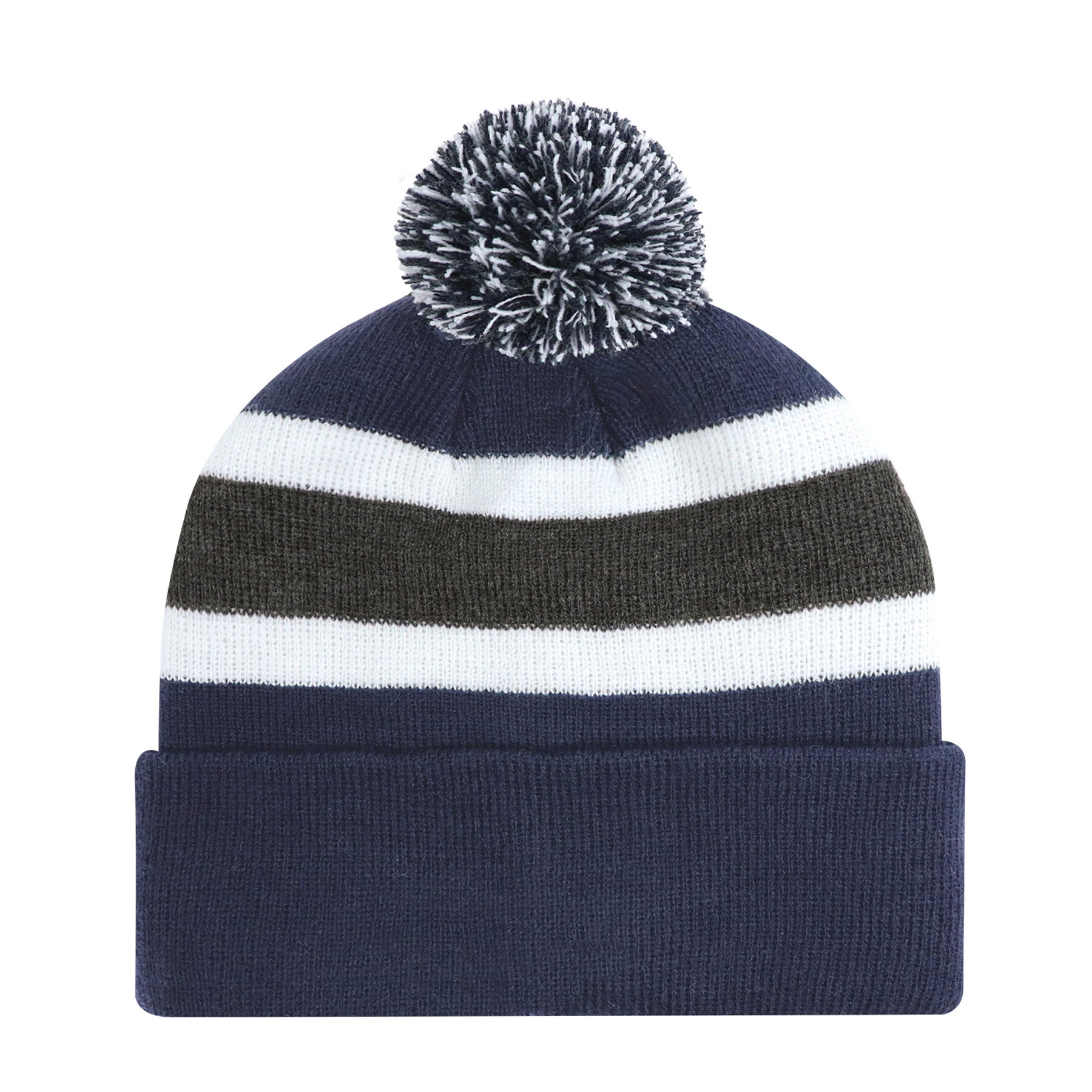 AJM Acrylic Stripe Pom Pom Cuff Toque in navy, charcoal, and white with a matching pom-pom.