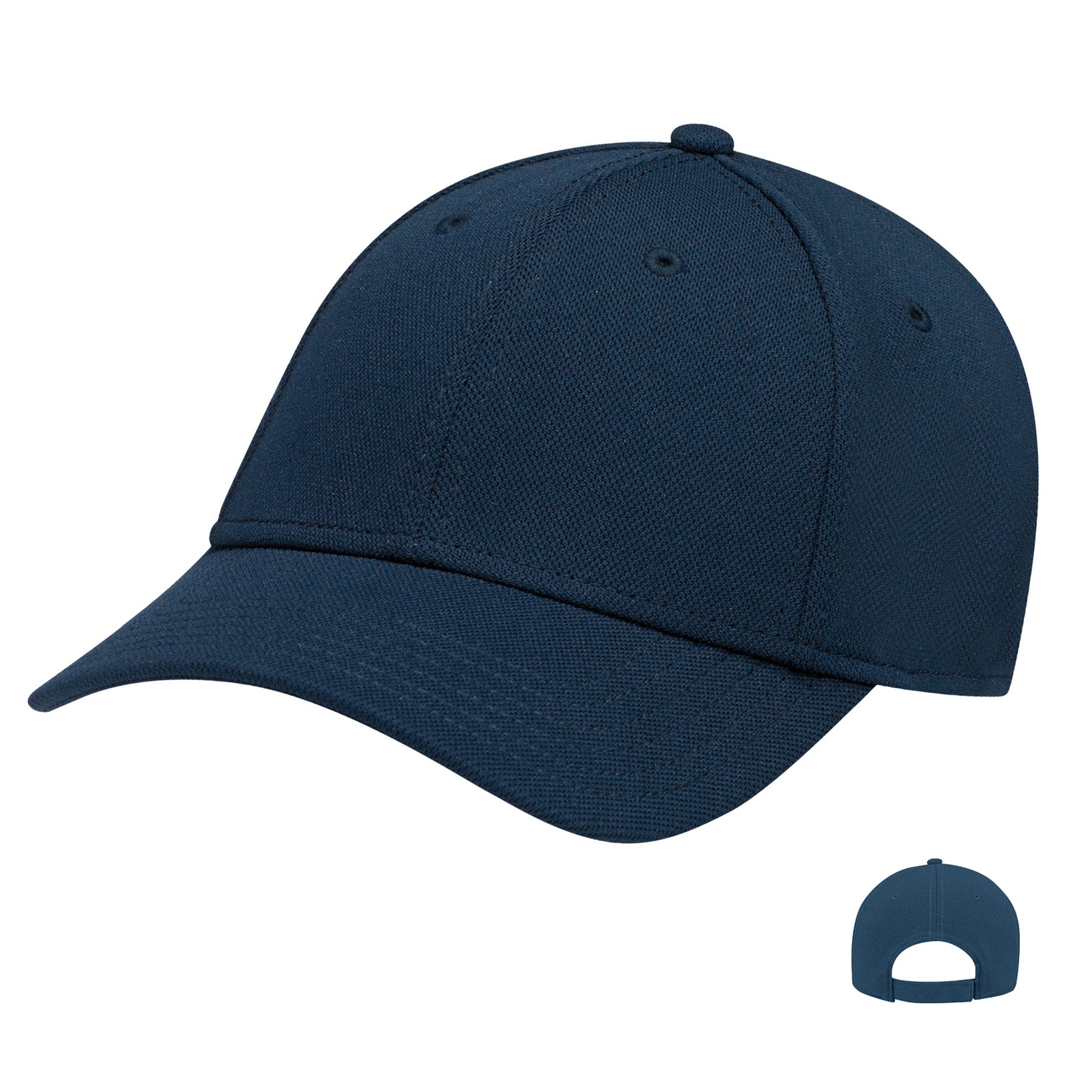 AJM Deluxe Polyester 6-panel constructed contour baseball cap in navy, shown from side and back angles.