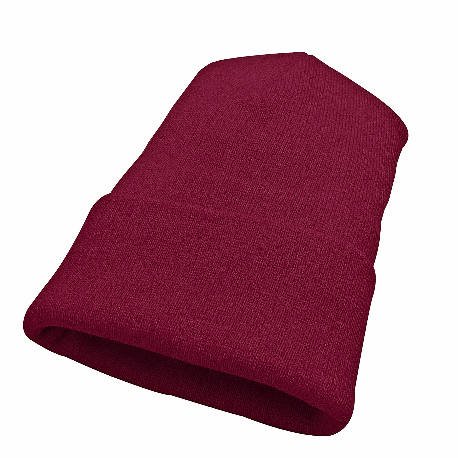 Burgundy KNP Acrylic Knit Winter Toque beanie viewed from a side angle.