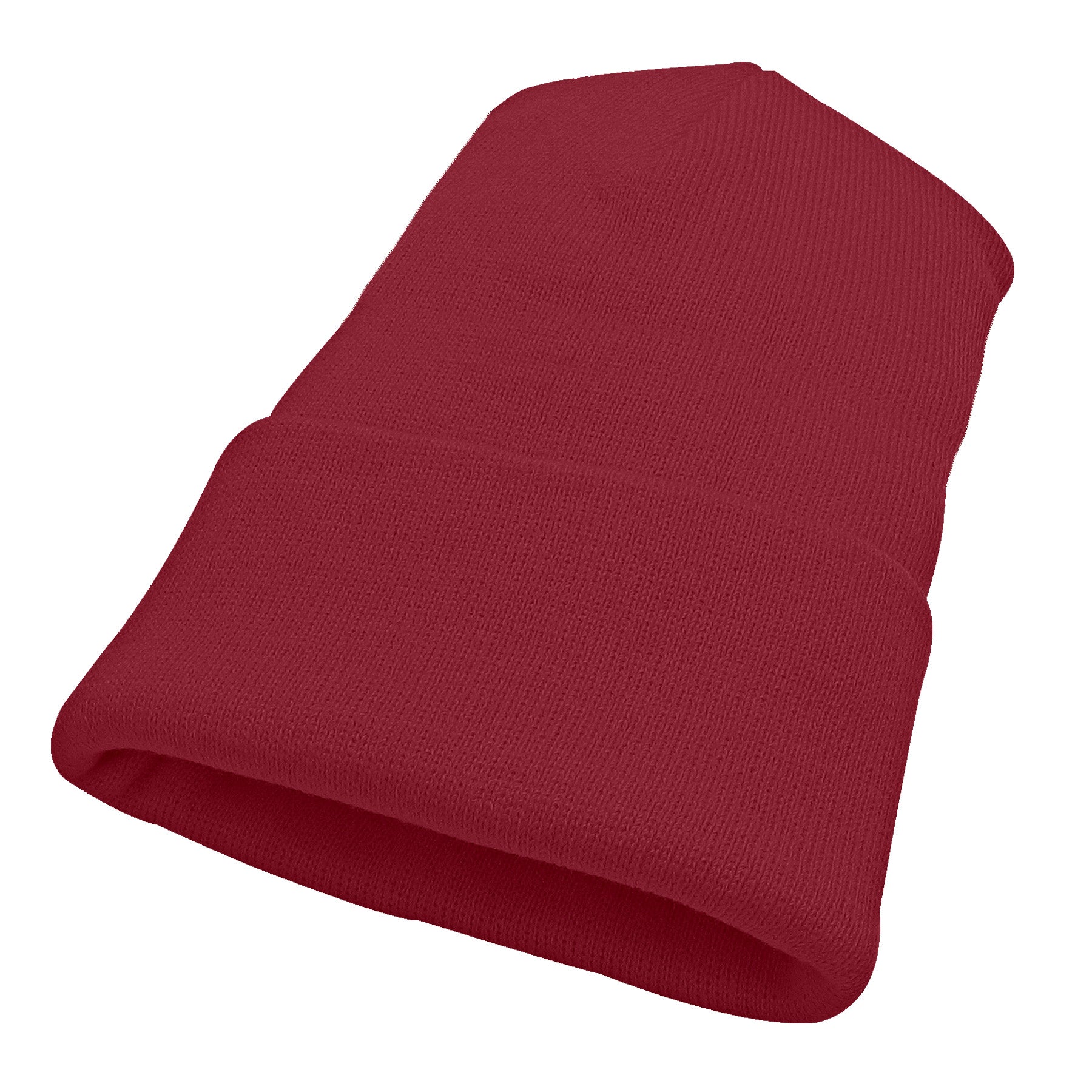 KNP Acrylic Knit Winter Toque in a solid cranberry color, shown from a side angle.