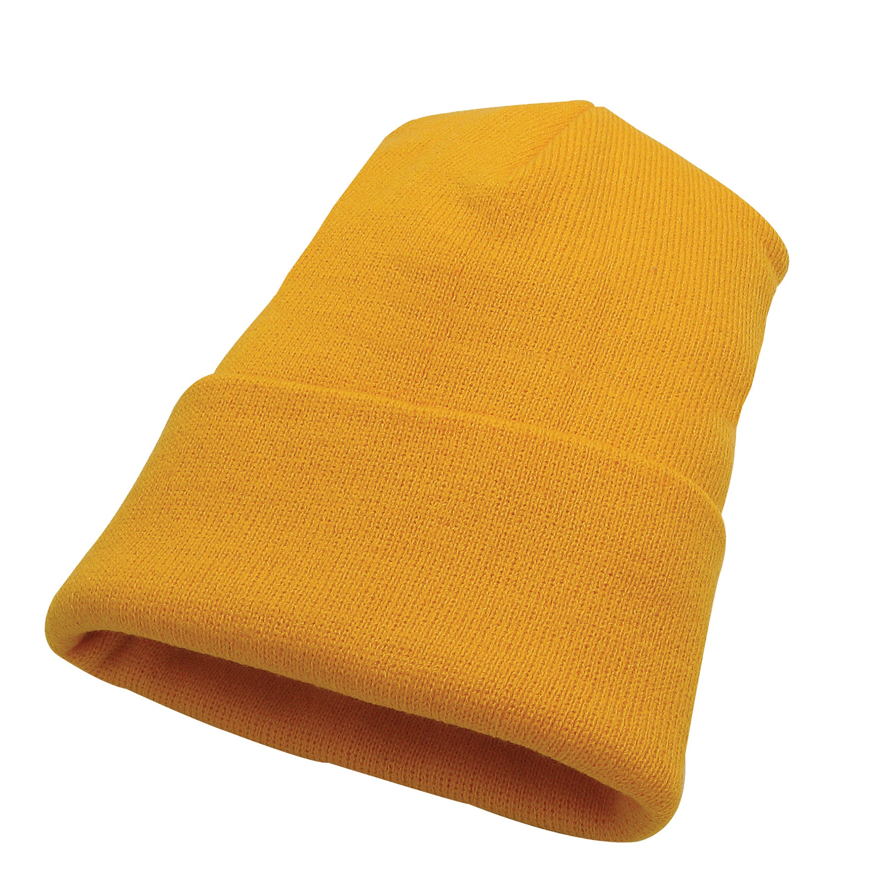Gold KNP Acrylic Knit Winter Toque hat with a cuffed brim on a white background.