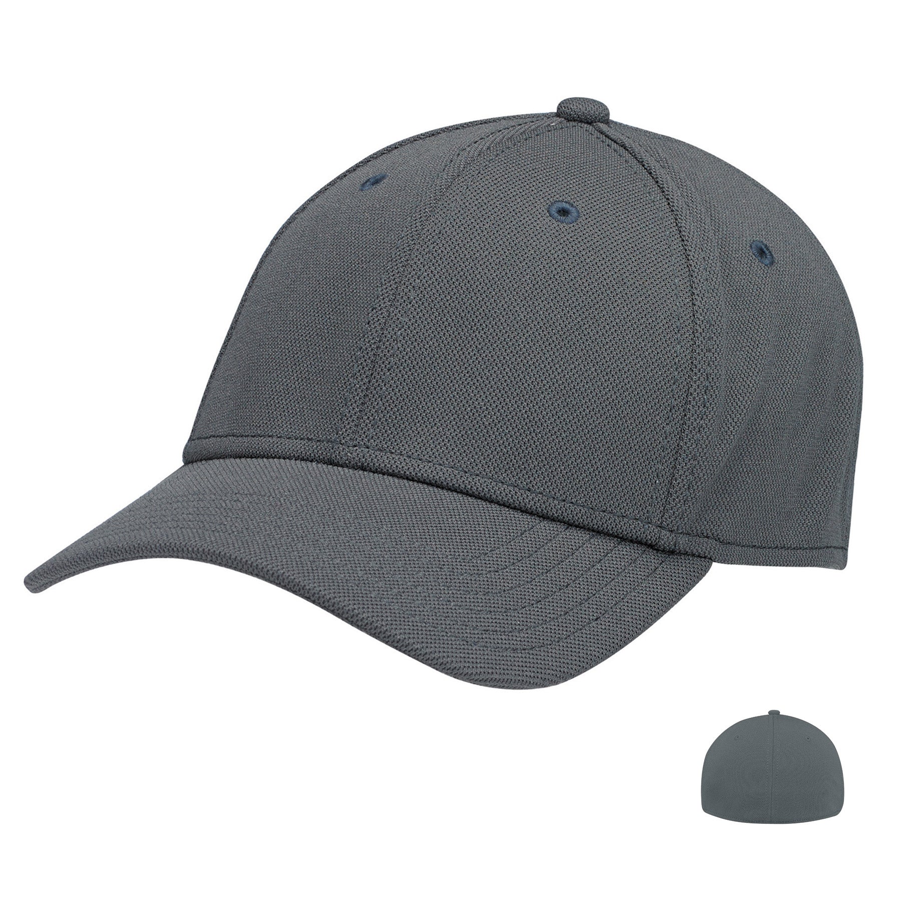 AJM Deluxe Polyester 6-Panel Constructed Contour A-Flex cap in charcoal with side view and back view inserts.