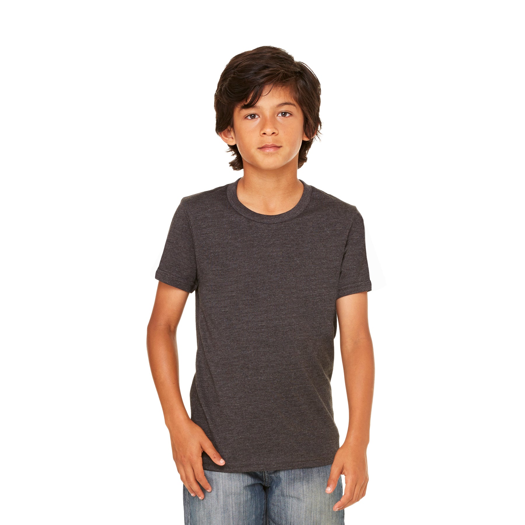 Young boy wearing a Bella+Canvas Youth Heather CVC Short Sleeve Tee in Dark Grey Heather.