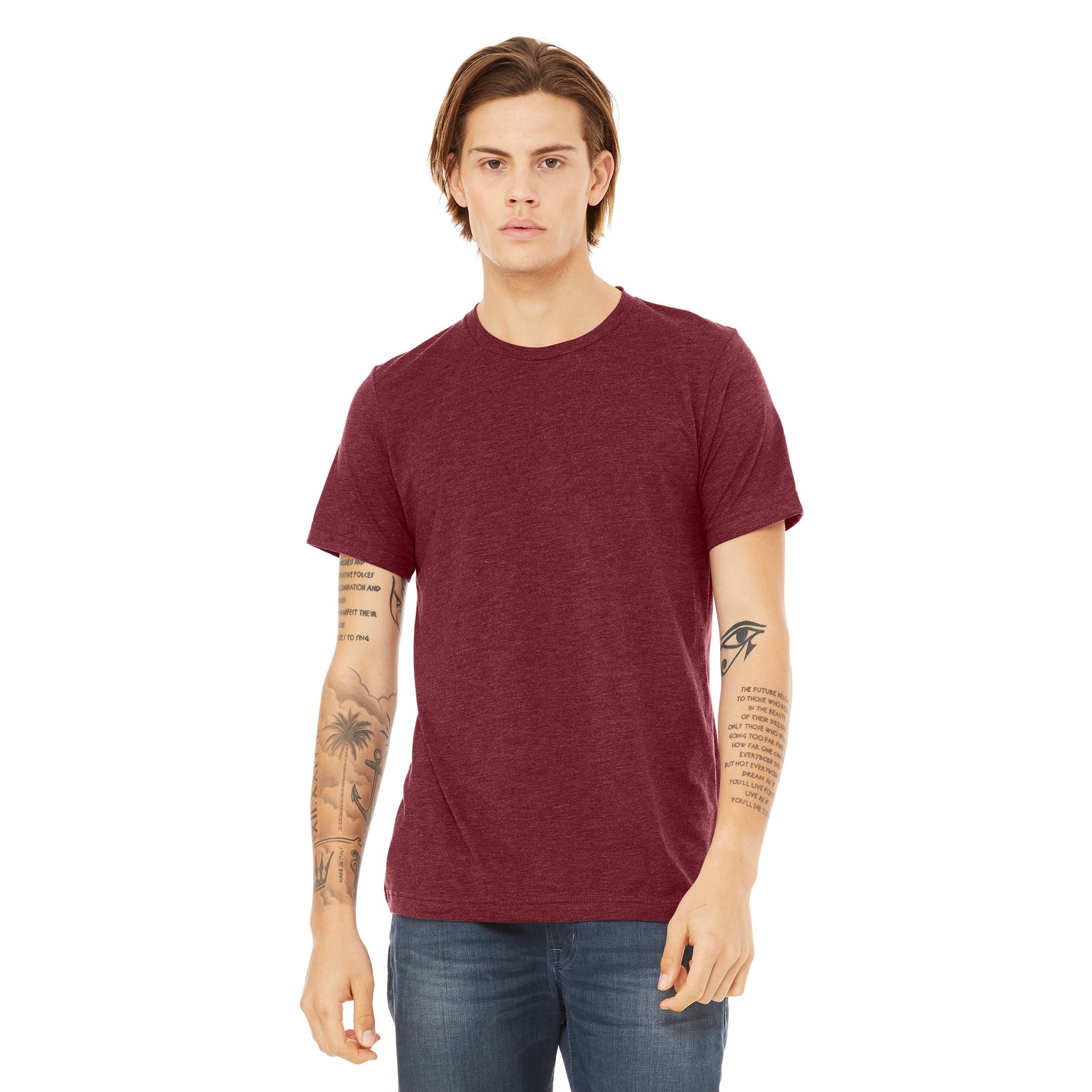 Model wearing a Bella+Canvas Unisex Triblend Short Sleeve Tee in Maroon Triblend.
