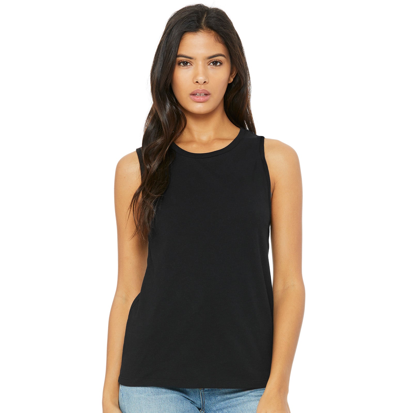 A model wearing a black Bella + Canvas Women's Jersey Muscle Tank top.