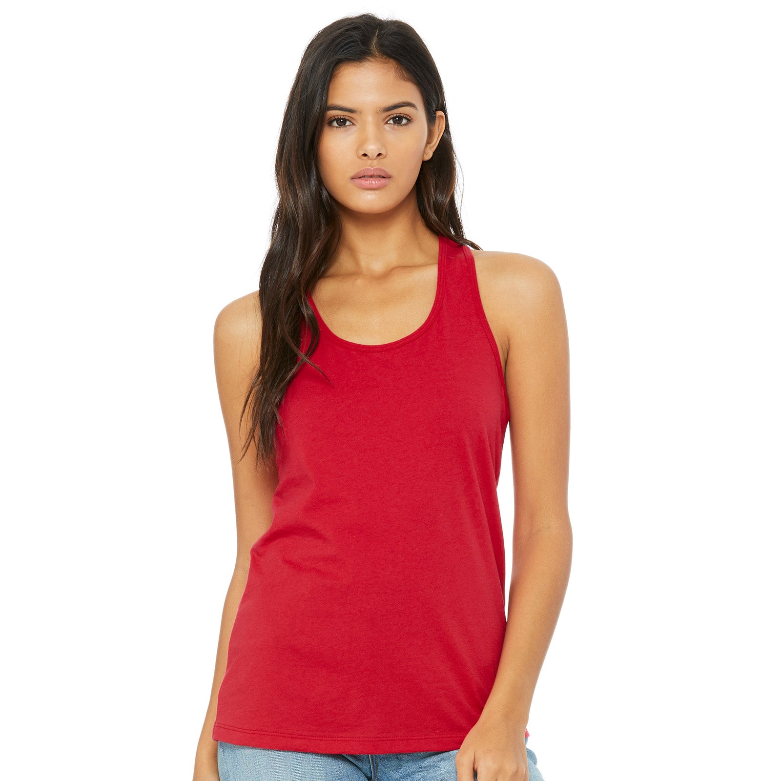 A woman wearing a red Bella + Canvas Women's Jersey Racerback Tank against a white background.