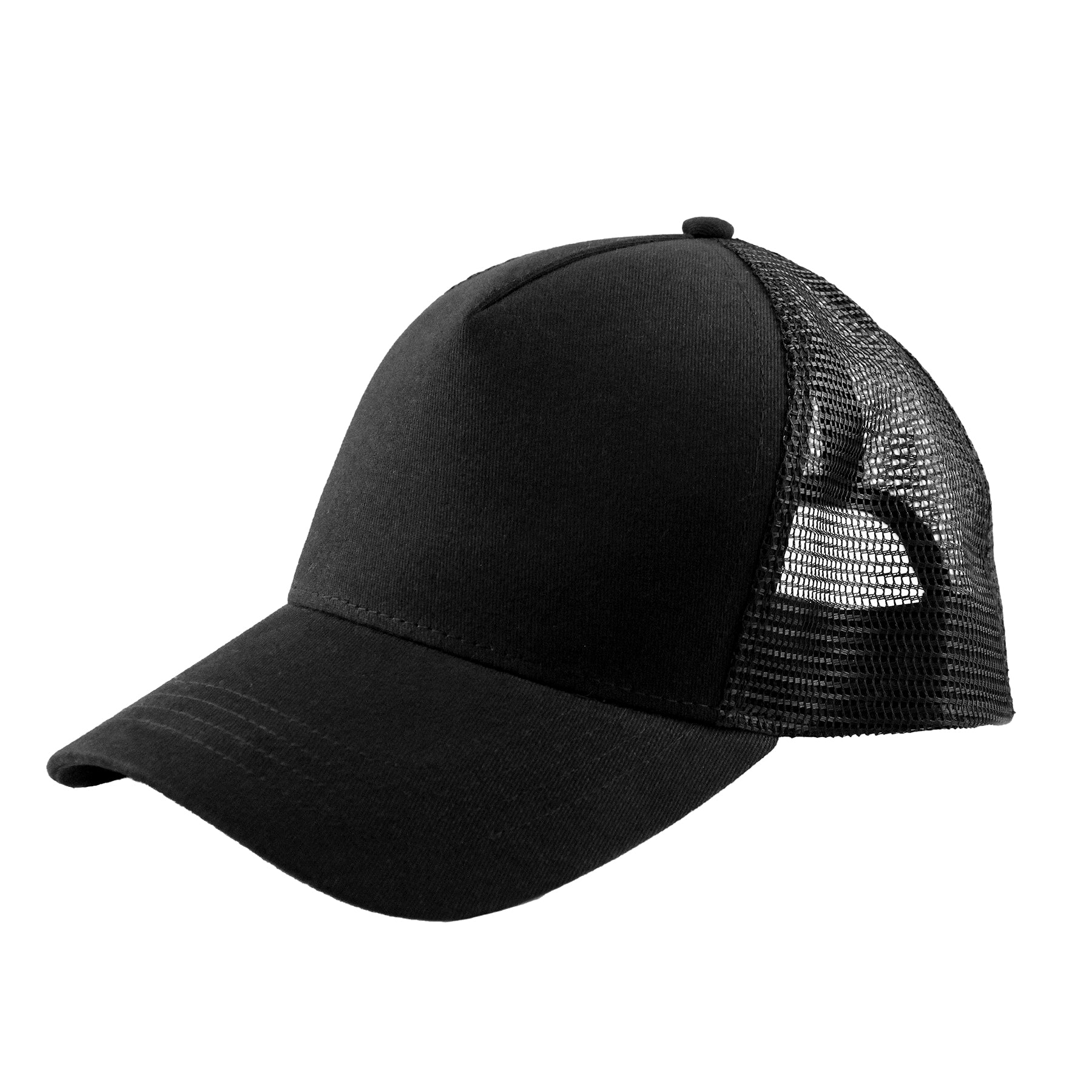 Black KNP cotton mesh trucker cap with a solid black front panel and breathable mesh back.