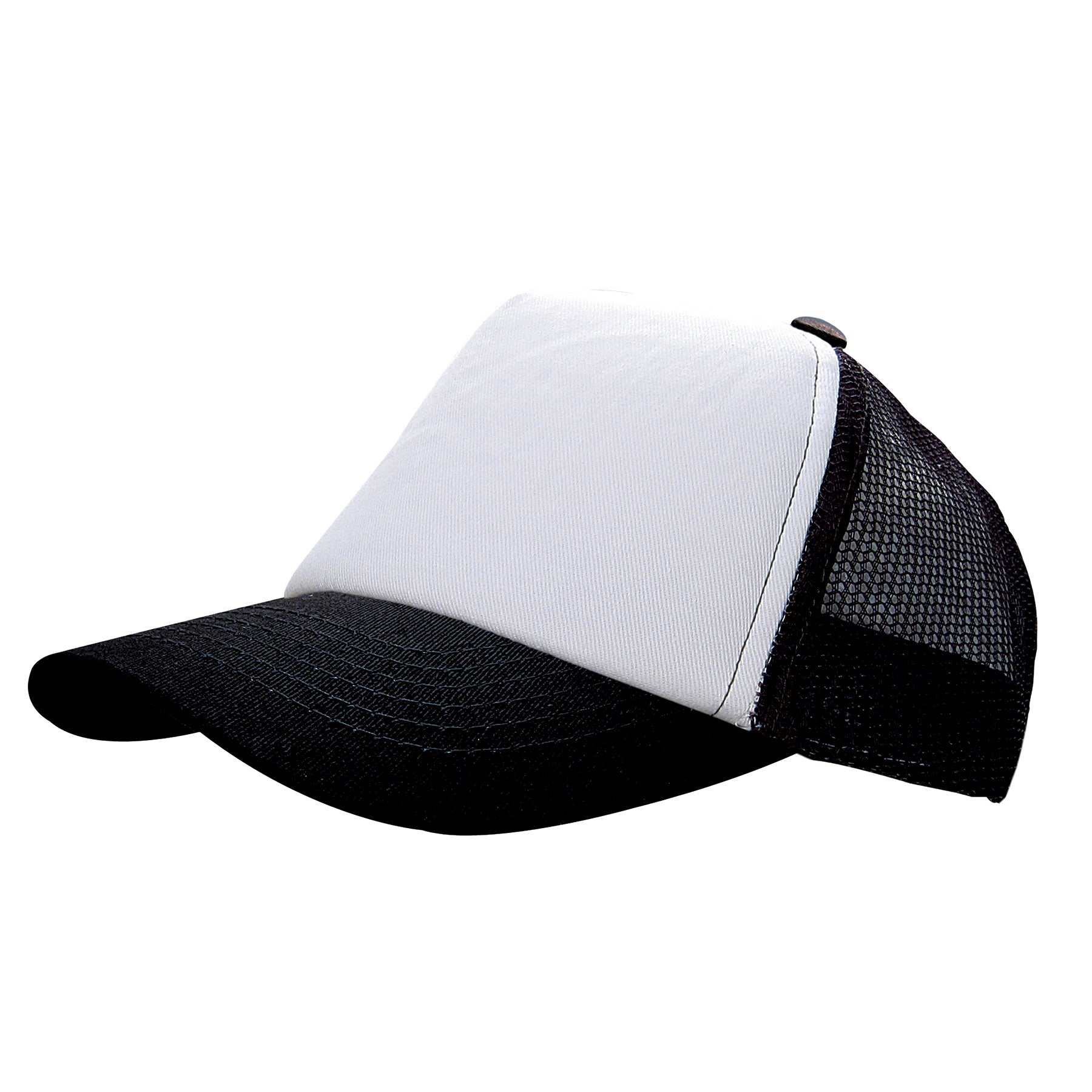 KNP cotton mesh trucker cap with a white foam front and black visor and back panels.