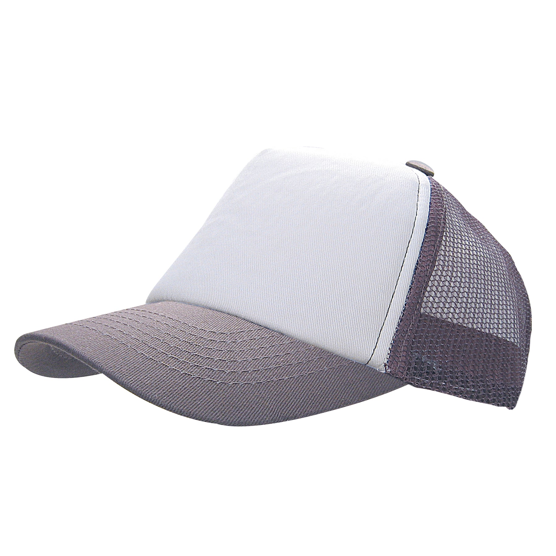 KNP Cotton Mesh Trucker Cap in charcoal and white with a solid white front panel and breathable mesh back.
