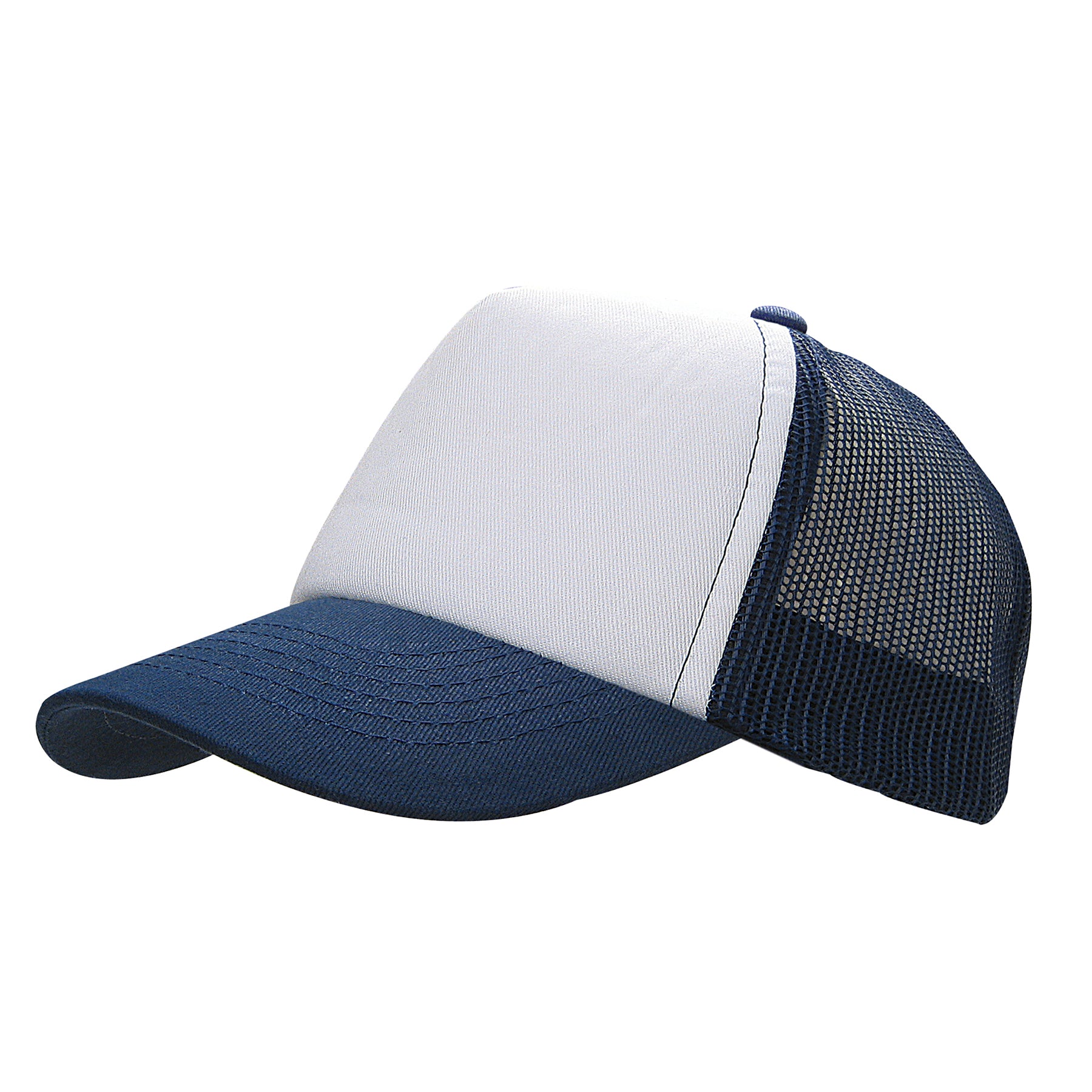 KNP navy and white cotton mesh trucker cap with a solid white front panel.
