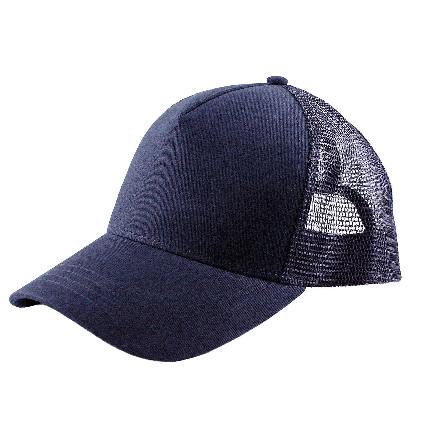 Navy blue KNP Cotton Mesh Trucker Cap with a structured front panel and breathable mesh back.