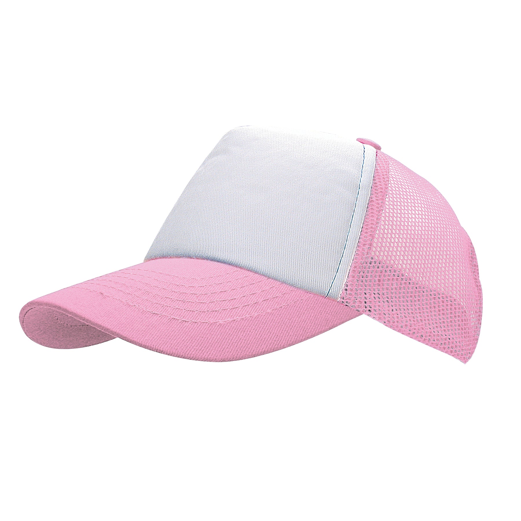 KNP pink and white trucker cap with a mesh back and solid white foam front panel.