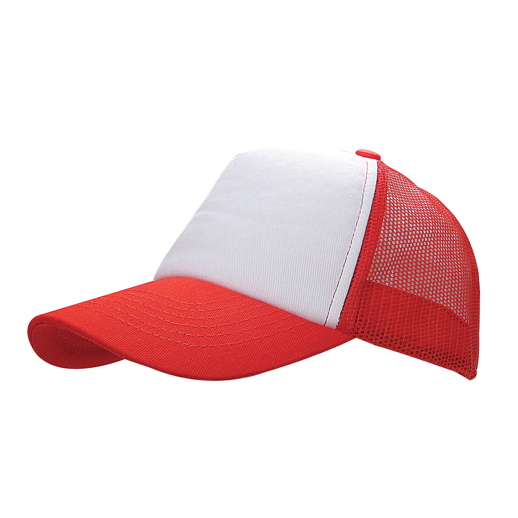 KNP cotton mesh trucker cap with a white front panel and red visor and mesh back.