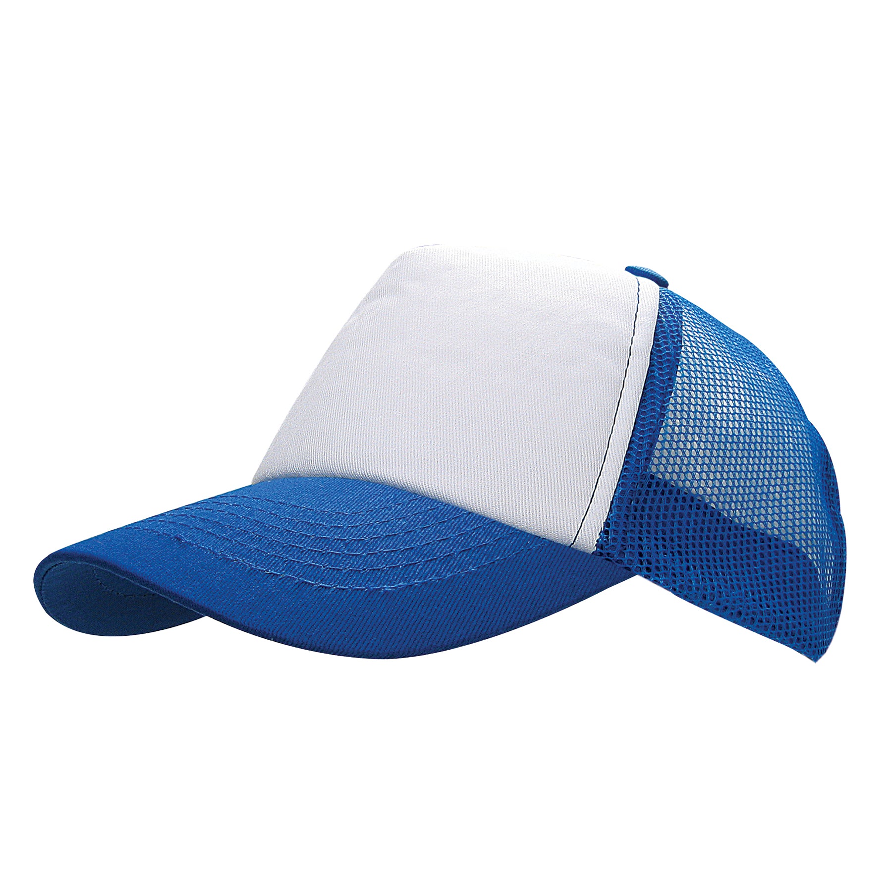 KNP Royal Blue and White cotton mesh trucker cap with a solid white front panel.