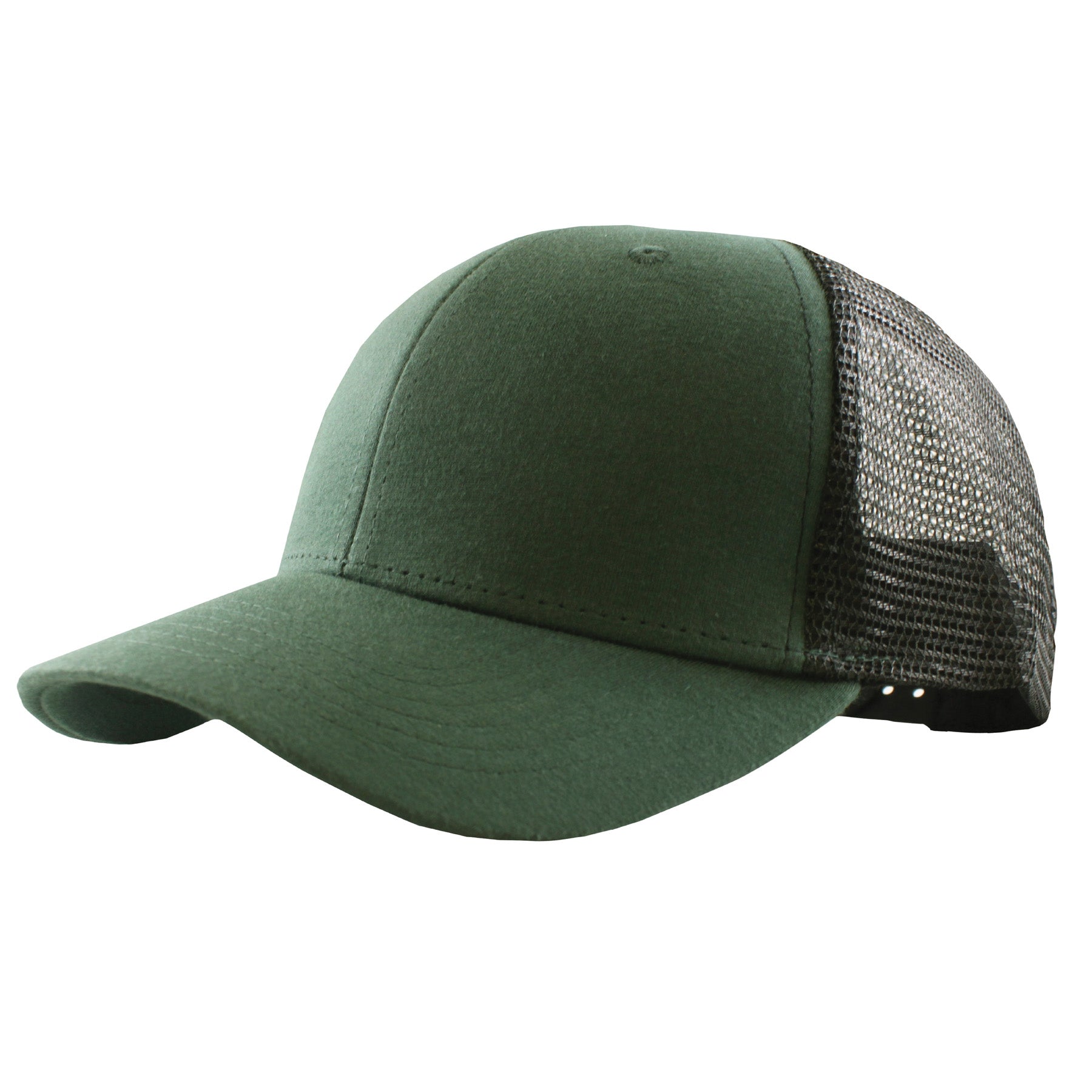 KNP Two-Tone Cotton Mesh Trucker Cap in forest green and black featuring a classic curved visor and breathable back.