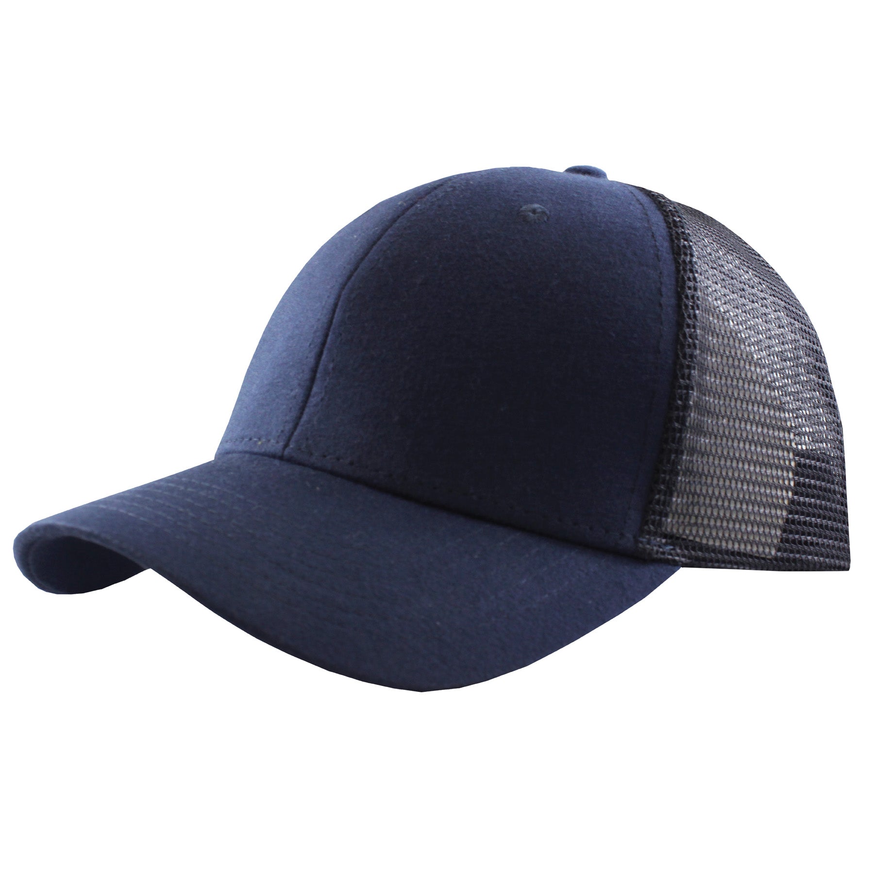 KNP Two-Tone Cotton Mesh Trucker Cap in navy and black featuring a curved brim and mesh back panel.