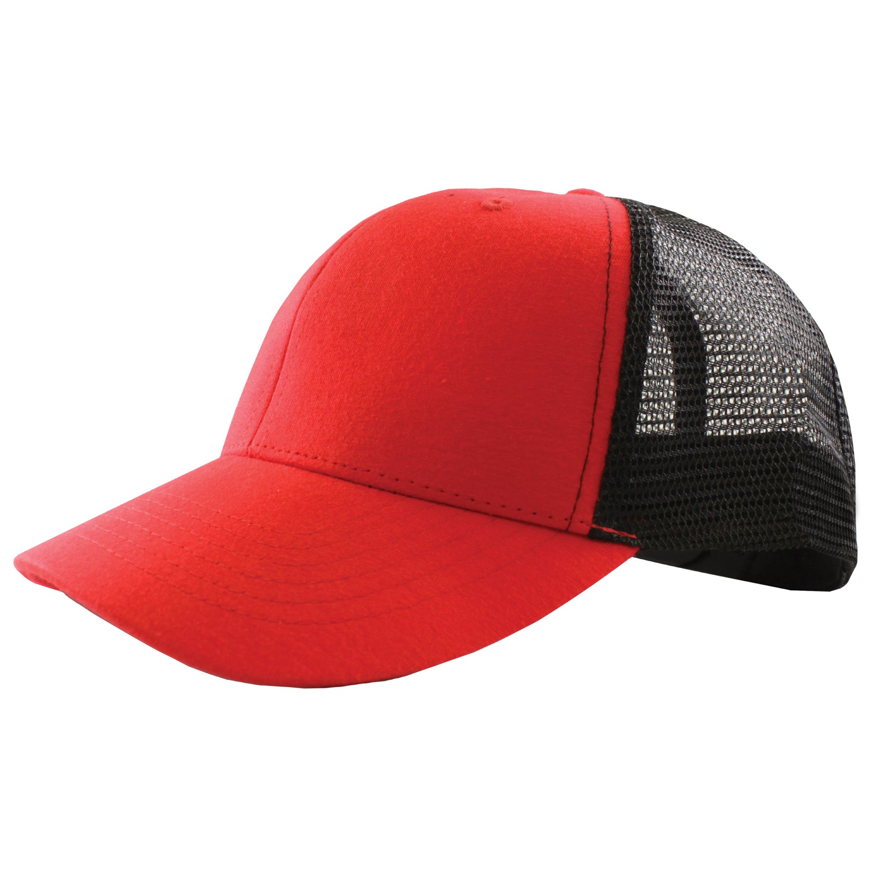 KNP Two-Tone Cotton Mesh Trucker Cap in red and black with a curved brim.