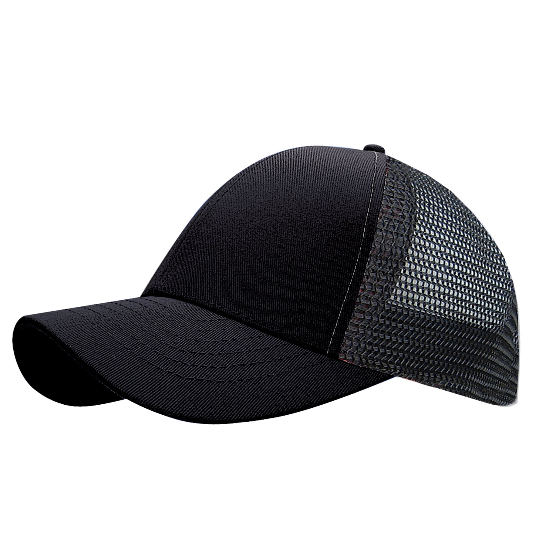 KNP Cotton Mesh Trucker Cap in all-black featuring a structured front and breathable mesh back.