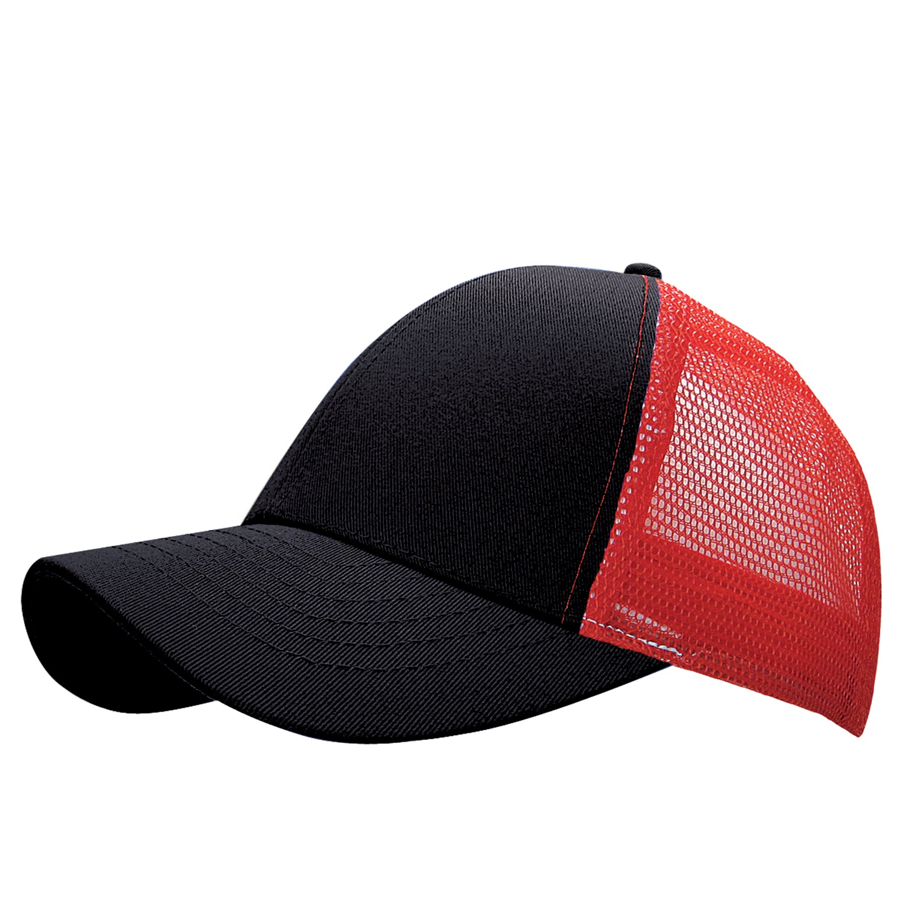 KNP Cotton Mesh Trucker Cap in two-tone black and red, featuring a solid black front panel and a breathable red mesh back.