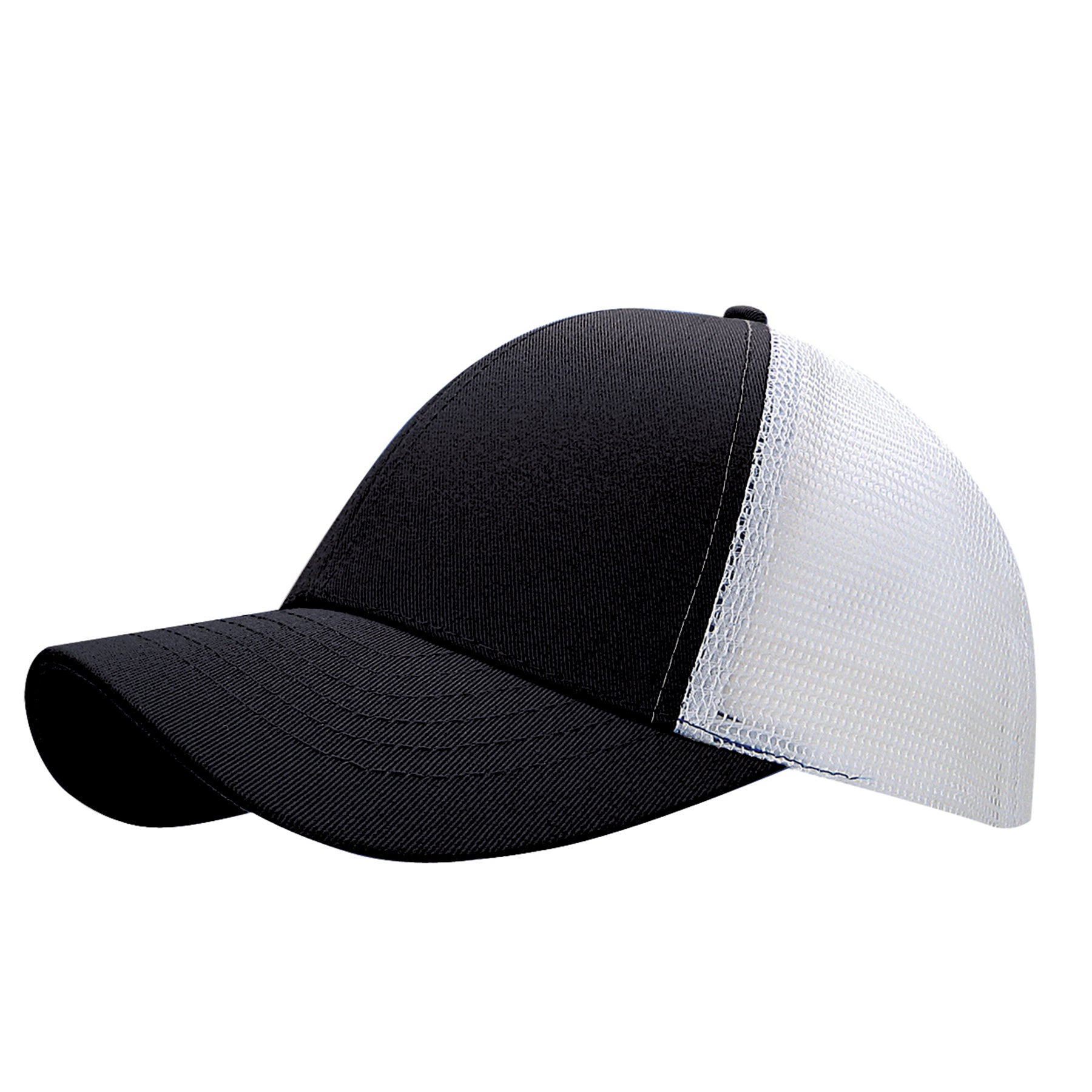 KNP Cotton Mesh Trucker Cap in black and white with a curved visor and breathable mesh back.