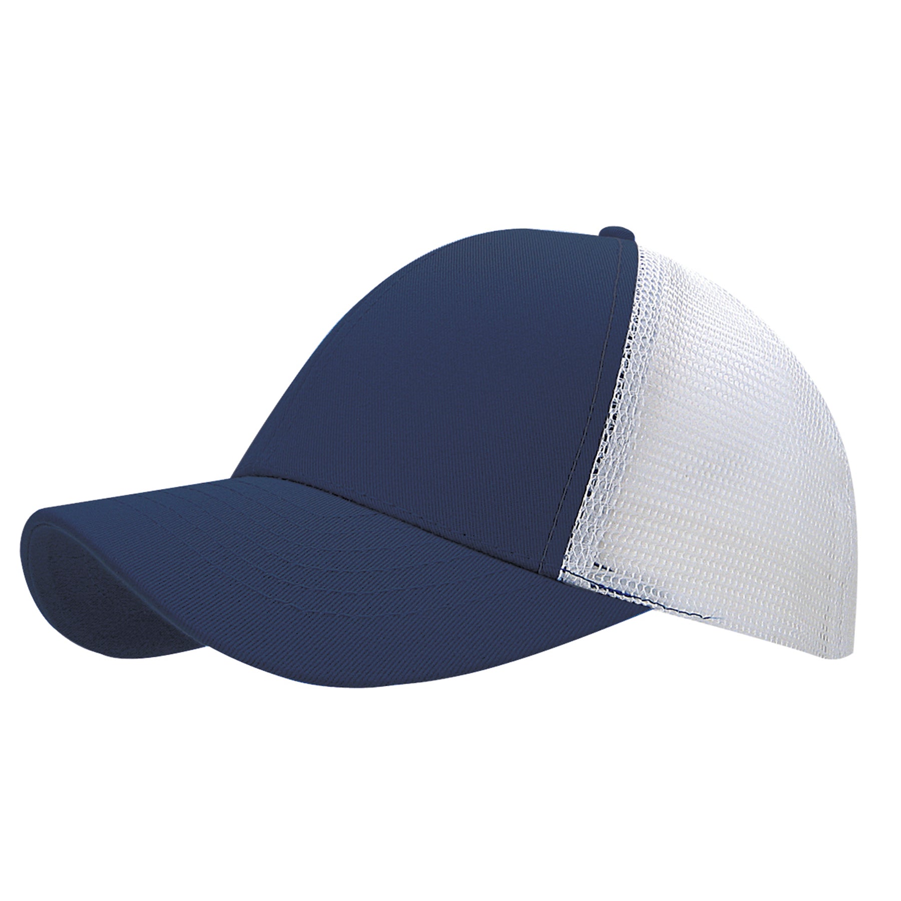 KNP Cotton Mesh Trucker Cap in a two-tone navy and white design, viewed from the side.