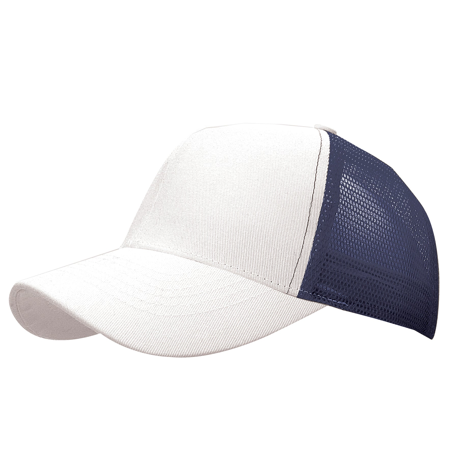 KNP Cotton Mesh Trucker Cap in two-tone white and navy featuring a structured front and mesh back panel.