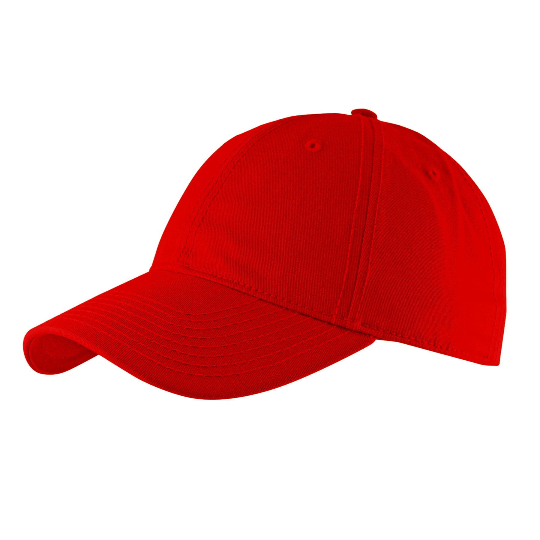 Red KNP Chino Twill cap viewed from a side angle, featuring a classic structured design.
