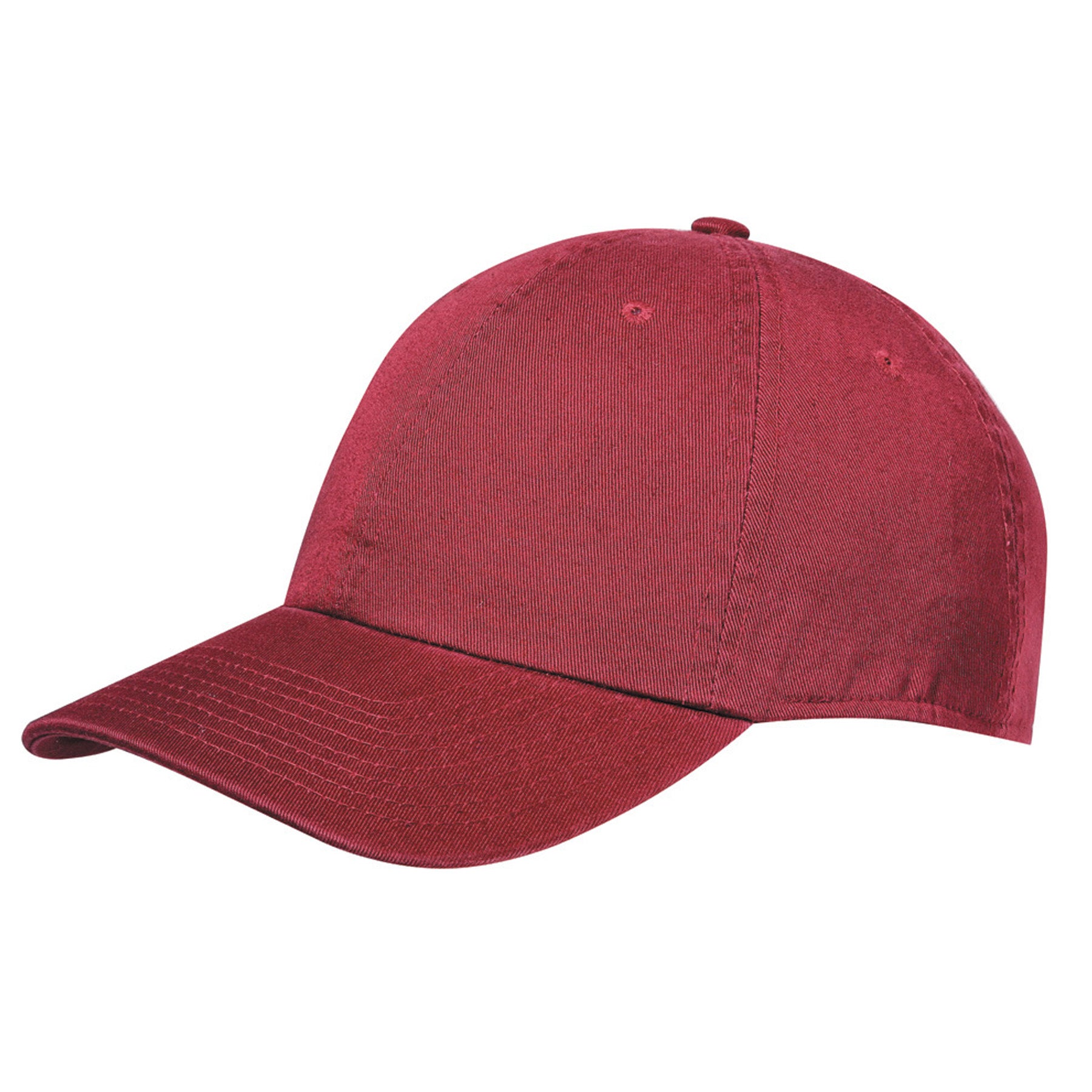Burgundy KNP garment washed cotton chino twill baseball cap viewed from the side.