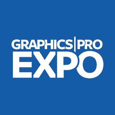White Graphics Pro Expo logo centered on a solid blue square background.
