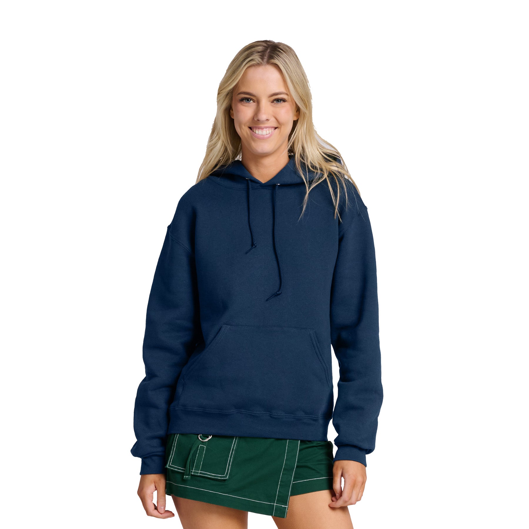 A woman wears a Jerzees Rugged Unisex Hooded Sweatshirt in Washed Navy against a white background.