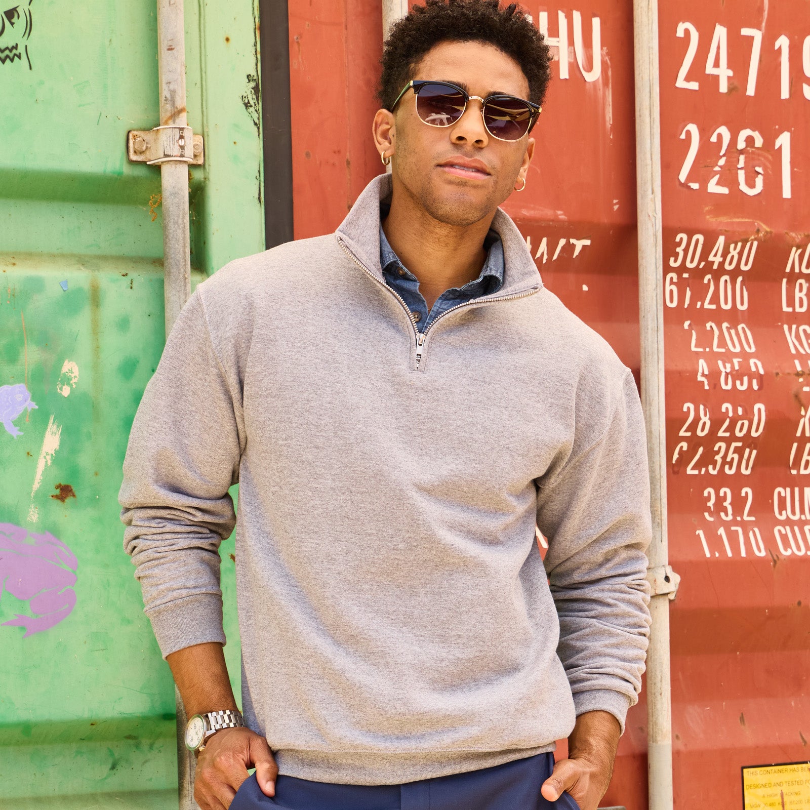 Man wearing a Jerzees NuBlend unisex Oxford gray quarter-zip cadet collar sweatshirt.