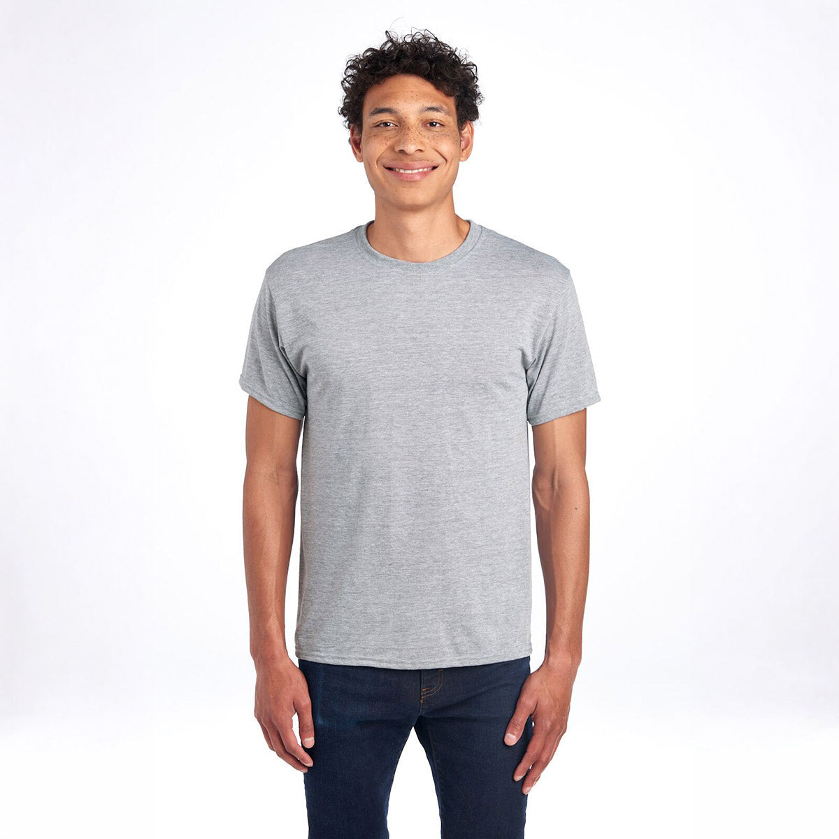 Man wearing a Jerzees Dri-Power unisex T-shirt in athletic heather against a white background.