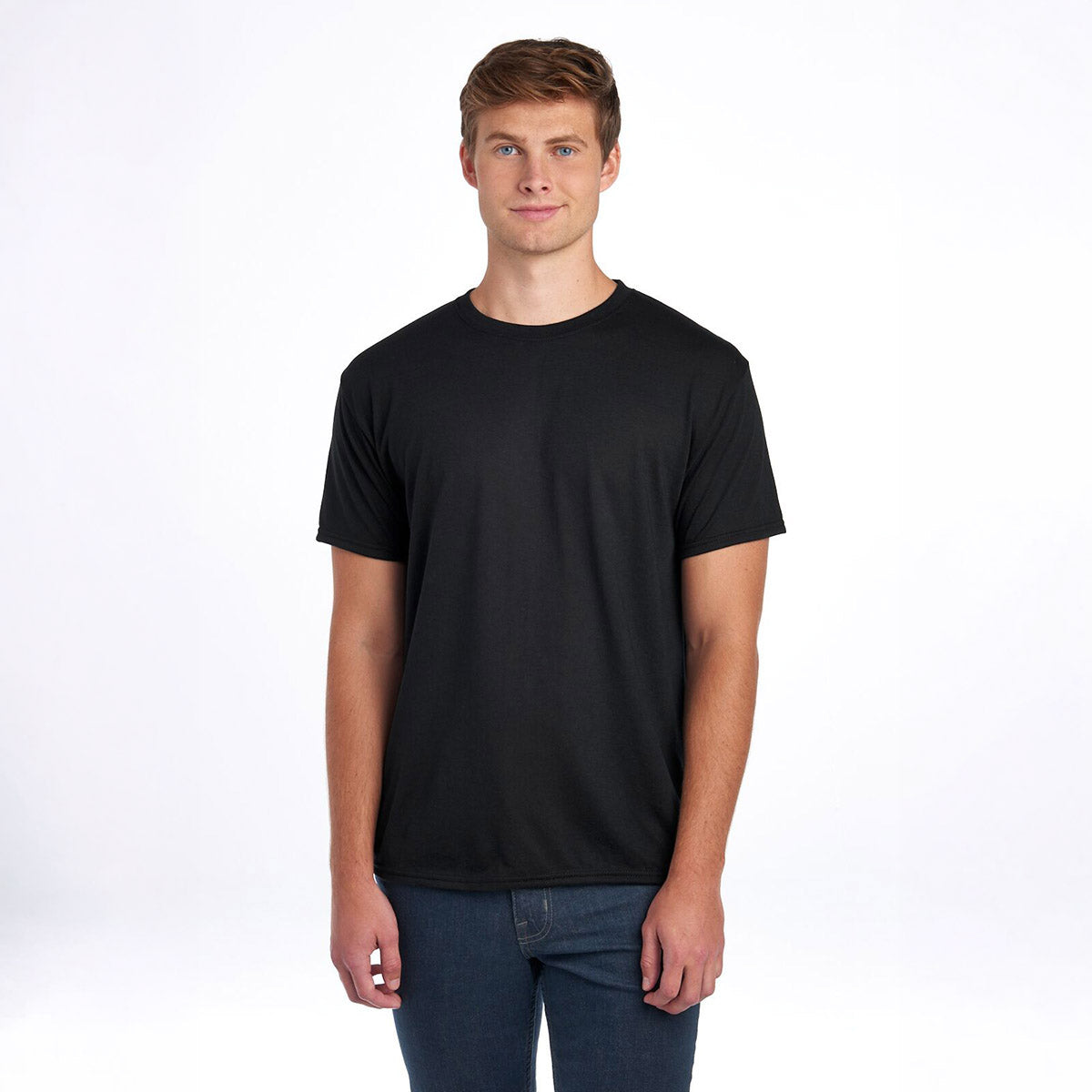 A man wearing a black Jerzees Dri-Power unisex T-shirt against a white background.