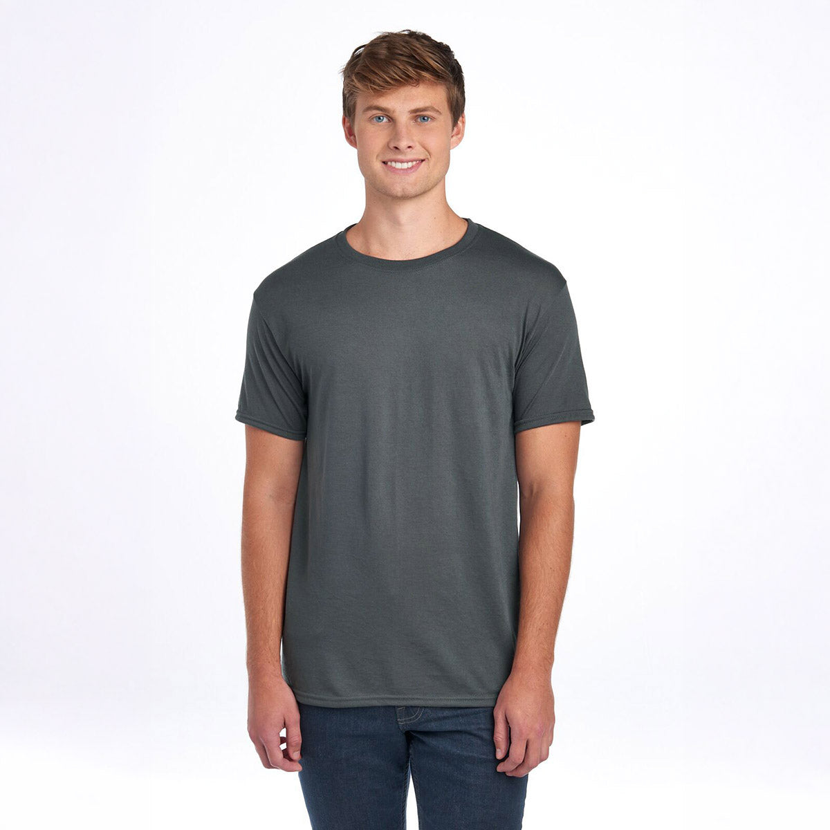 A model wearing a charcoal grey Jerzees Dri-Power unisex crewneck T-shirt against a white background.