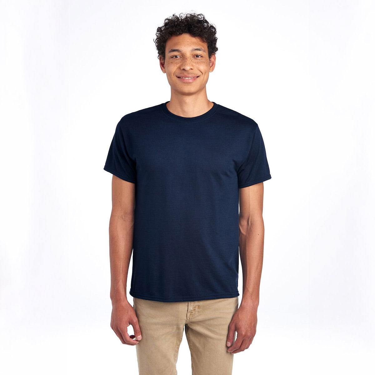 Jerzees Dri-Power Unisex T-Shirt in J. Navy worn by a man against a white background.