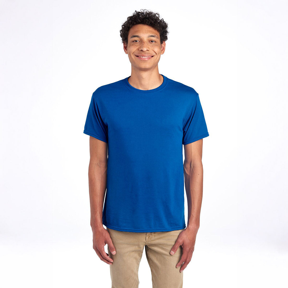 A man wearing a royal blue Jerzees Dri-Power Unisex T-Shirt against a white background.
