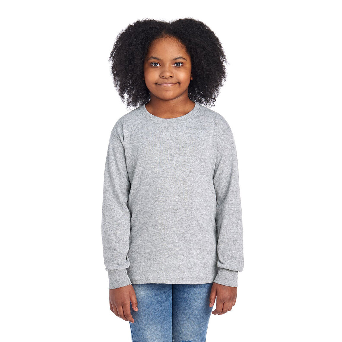 A youth wearing a gray Jerzees Dri-Power long-sleeve athletic heather T-shirt against a white background.