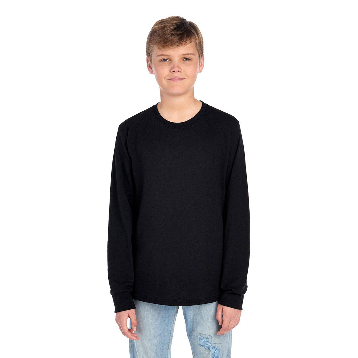 A boy wearing a Jerzees Dri-Power youth black long-sleeve T-shirt.