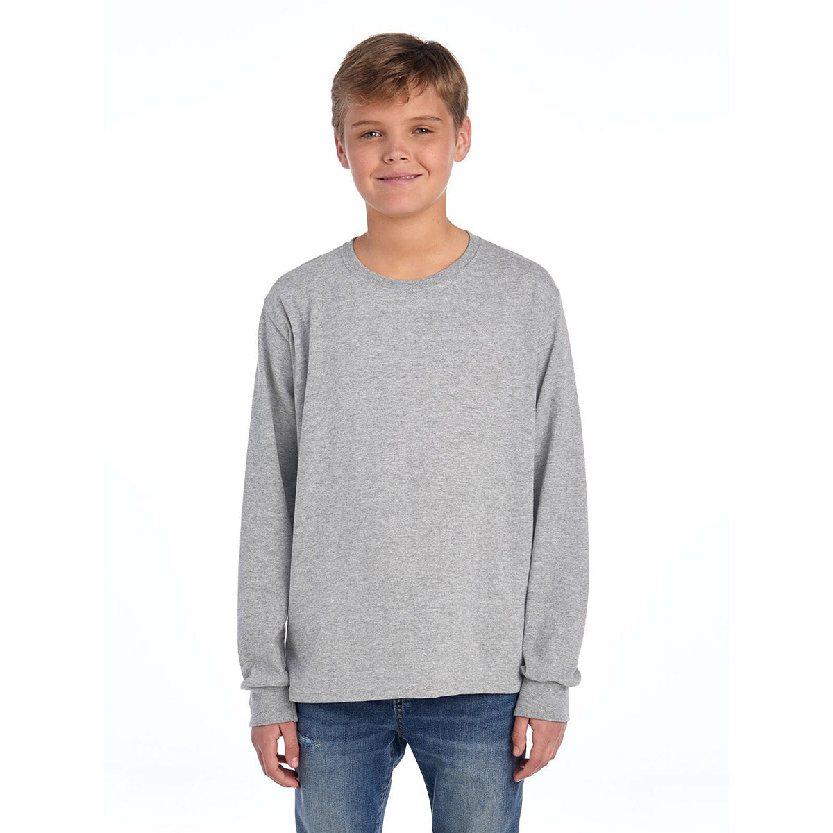 Youth model wearing a Jerzees Dri-Power Youth Long-Sleeve T-Shirt in Oxford gray.