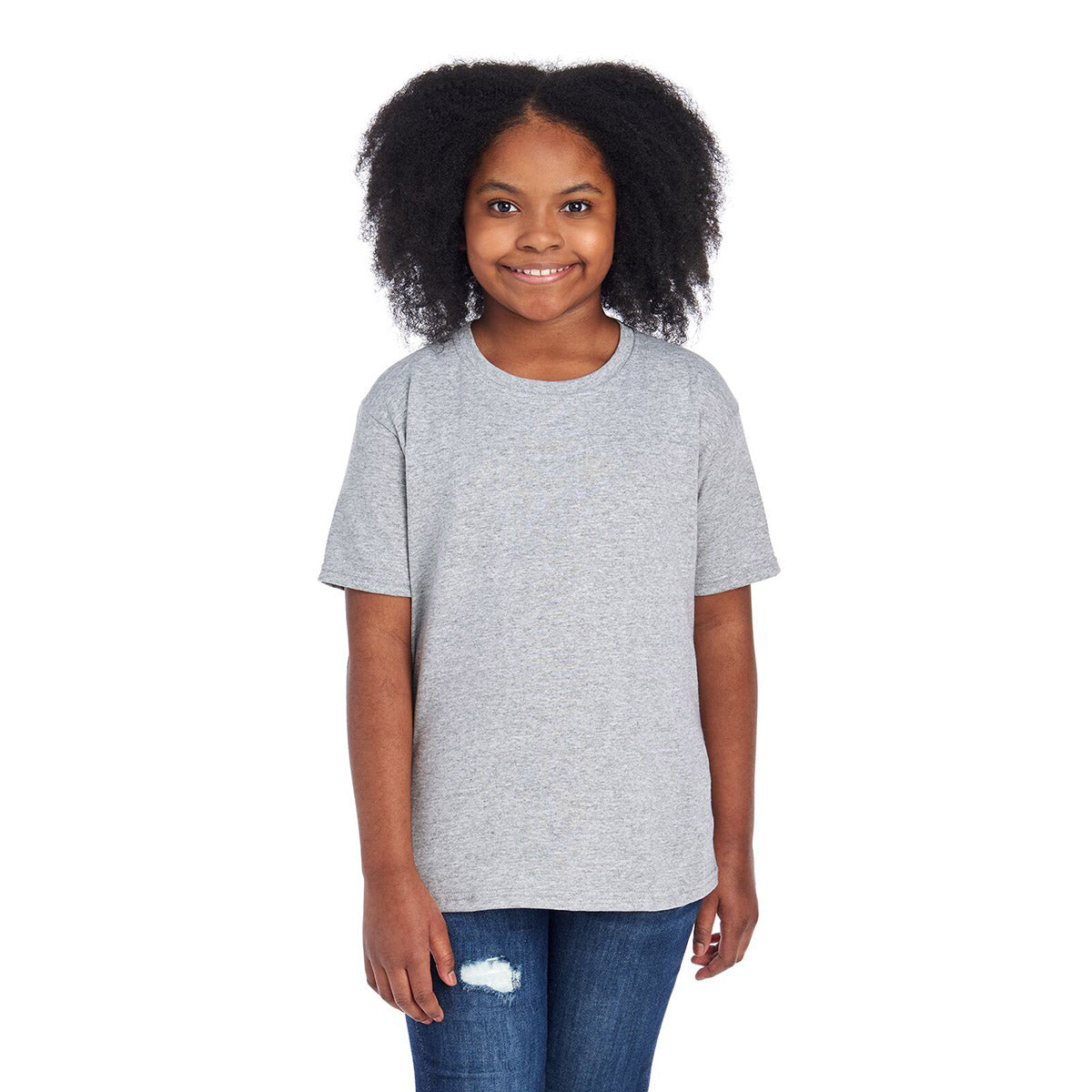 Youth model wearing a Jerzees Dri-Power athletic heather gray crewneck t-shirt.