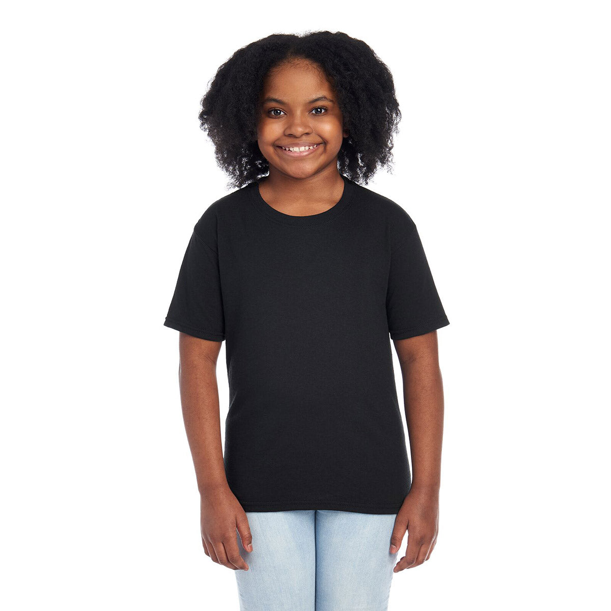 A young girl wearing a black Jerzees Dri-Power Youth T-shirt against a white background.