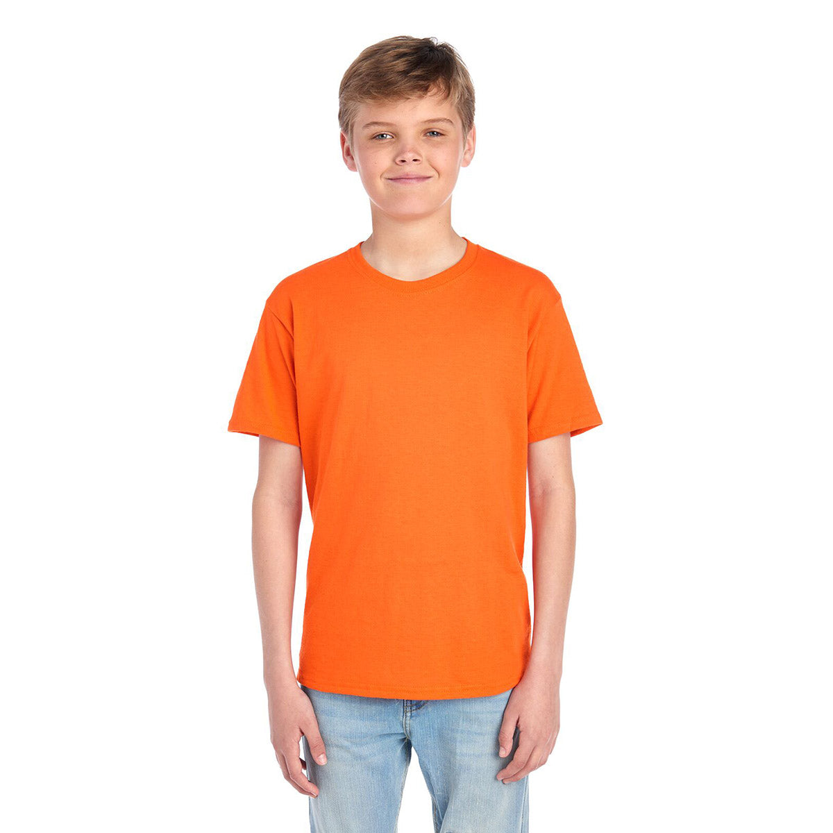 Youth wearing a Jerzees Dri-Power Burnt Orange T-Shirt.