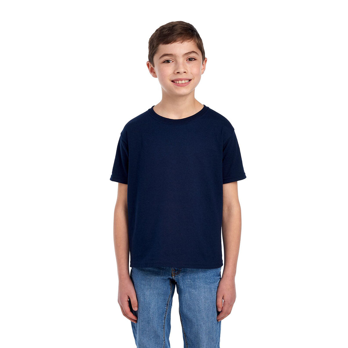 A young boy wearing a Jerzees Dri-Power youth T-shirt in J. Navy.