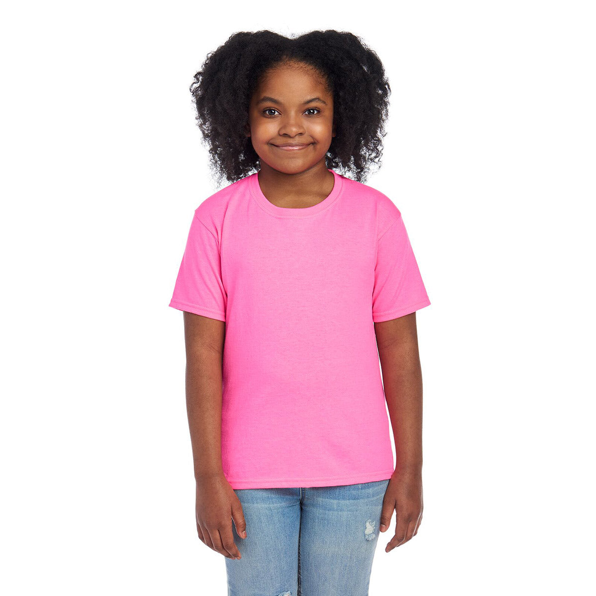 Youth model wearing a neon pink Jerzees Dri-Power youth t-shirt against a white background.