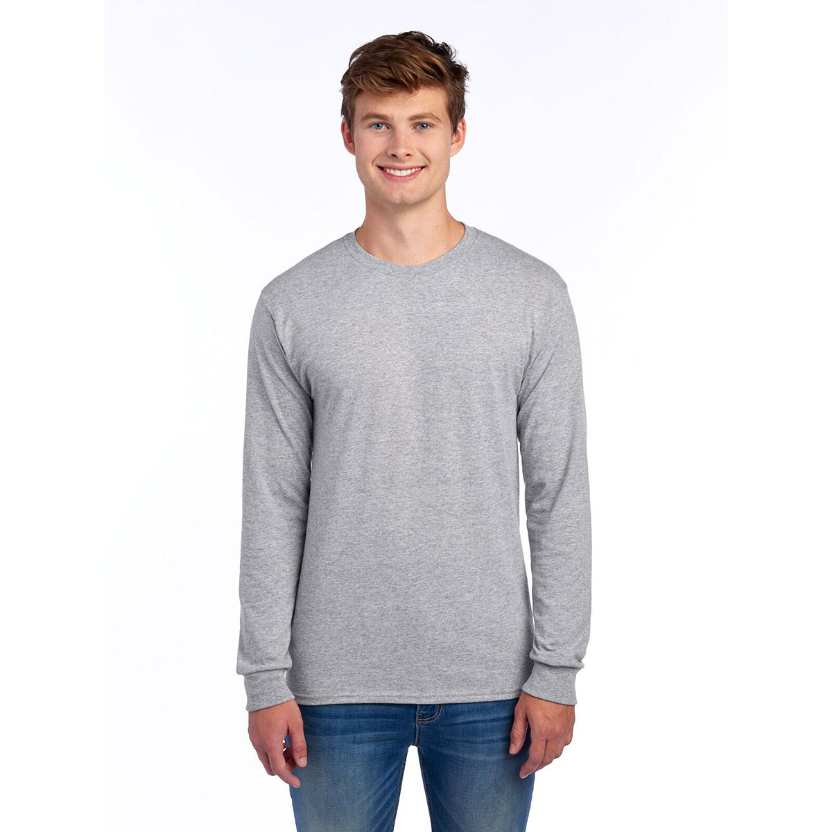 A man wearing an athletic heather Jerzees Dri-Power unisex long-sleeve T-shirt.