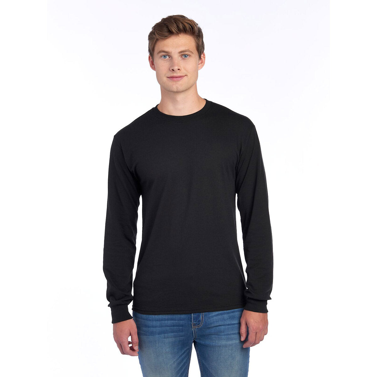 A man wearing a black Jerzees Dri-Power unisex long-sleeve T-shirt.
