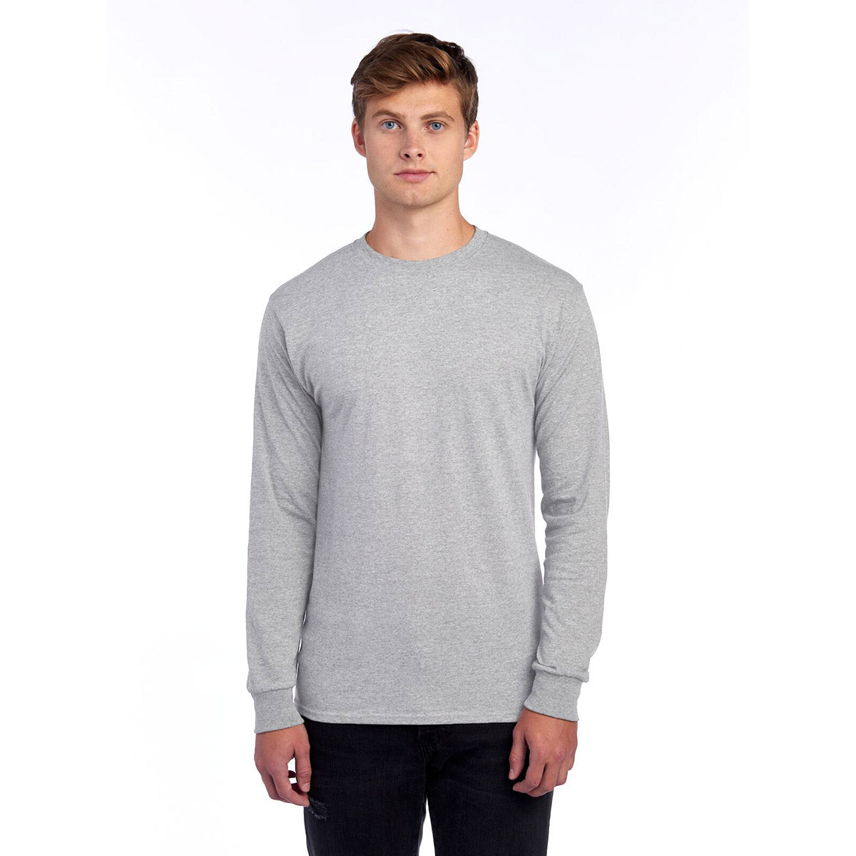 A model wearing a Jerzees Dri-Power long-sleeve T-shirt in oxford gray.