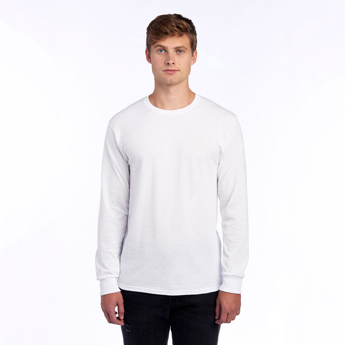 A male model wearing a white Jerzees Dri-Power unisex long-sleeve T-shirt.