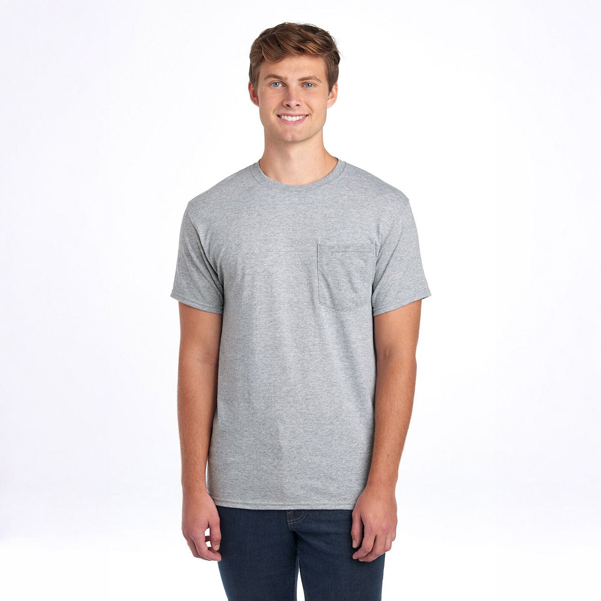 A man wearing a Jerzees Dri-Power unisex pocket t-shirt in athletic heather.